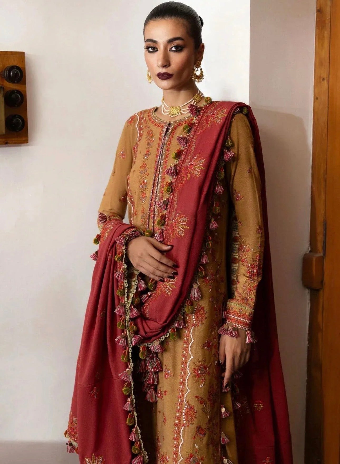 Tawn Hussain Rehar Embroidered Caramel Karandi Suit Winter Collection