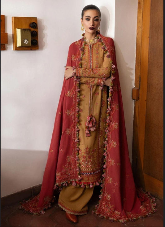 Tawn Hussain Rehar Embroidered Caramel Karandi Suit Winter Collection