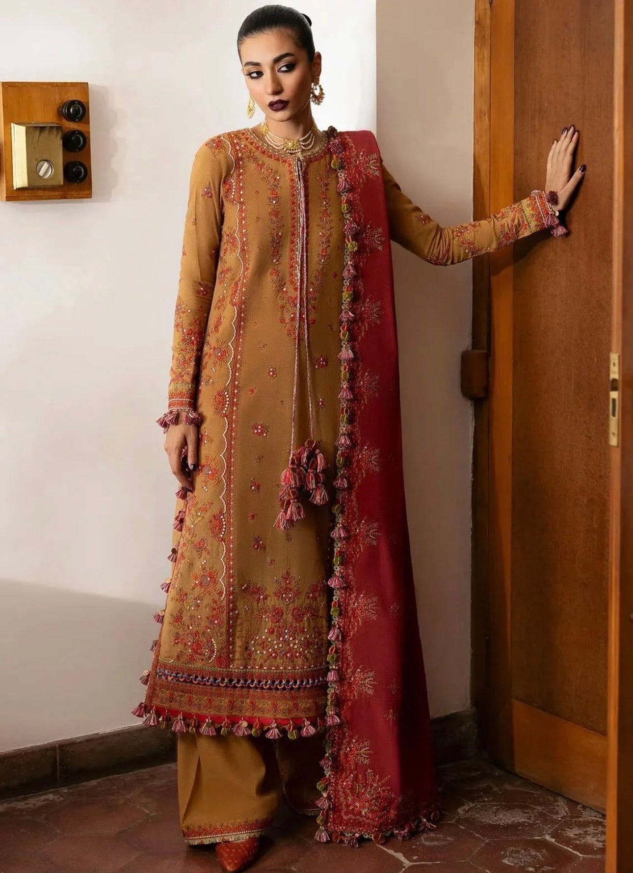 Tawn Hussain Rehar Embroidered Caramel Karandi Suit Winter Collection