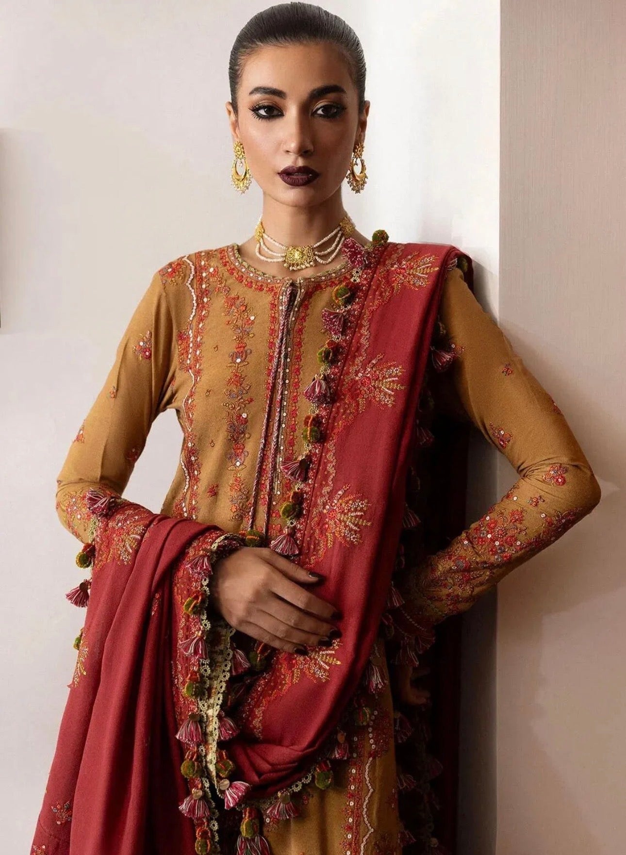 Tawn Hussain Rehar Embroidered Caramel Karandi Suit Winter Collection